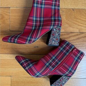 NEW Betsey Johnson Red Tartan Ankle Boots with Embellished Block Heel